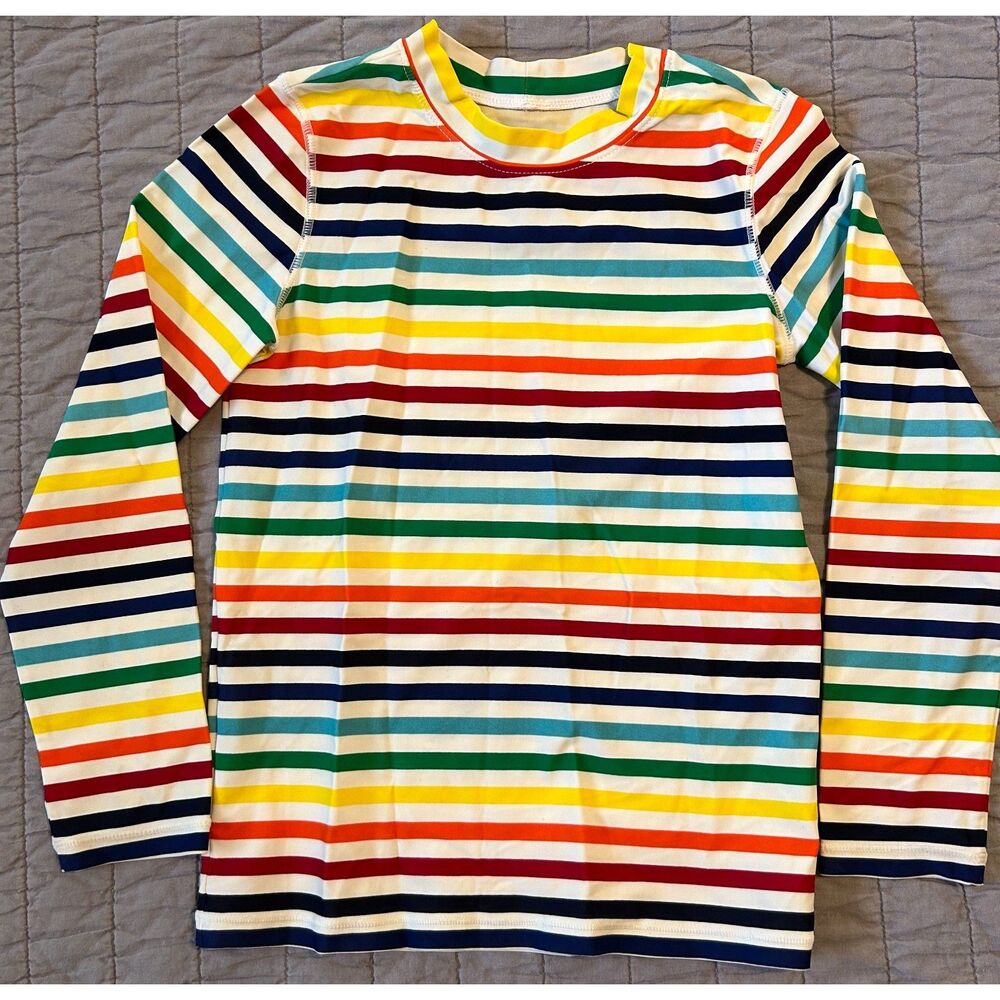 Primary Kid's rainbow stripe rash guard size 8-9 recycled nylon spandex blend